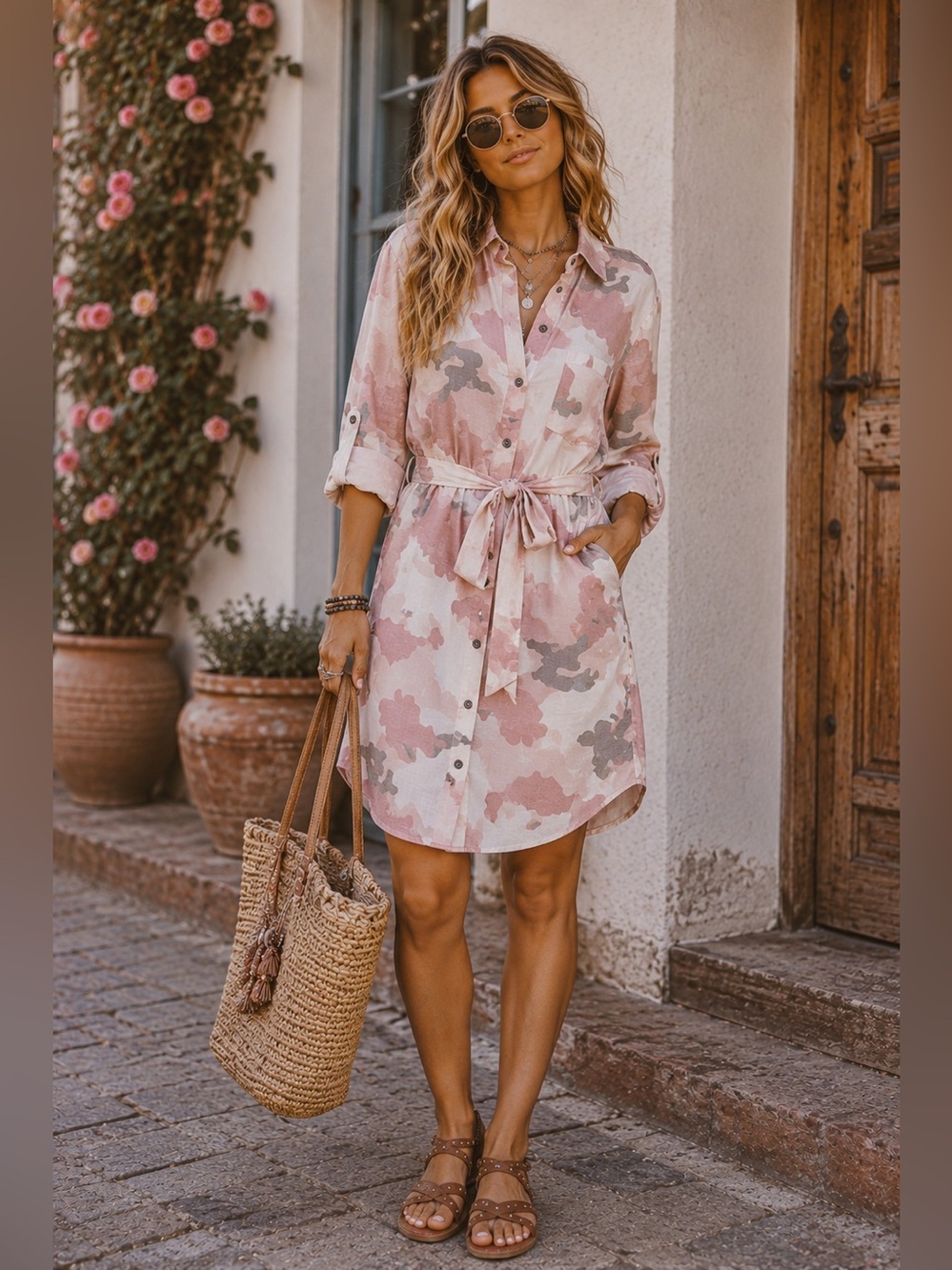 DownEast Pink Camouflage Tie-Waist Shirt Dress